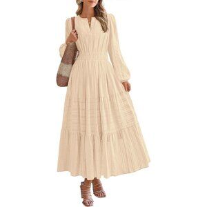Women Apricot Long Sleeve V Neck Elastic Waist Lightweight Maxi Dress Pockets